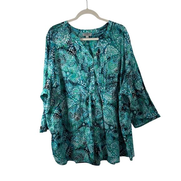Catherines Blue Green Floral Button Front Shirt 100% Cotton Preppy Women Plus 3x - Picture 1 of 6